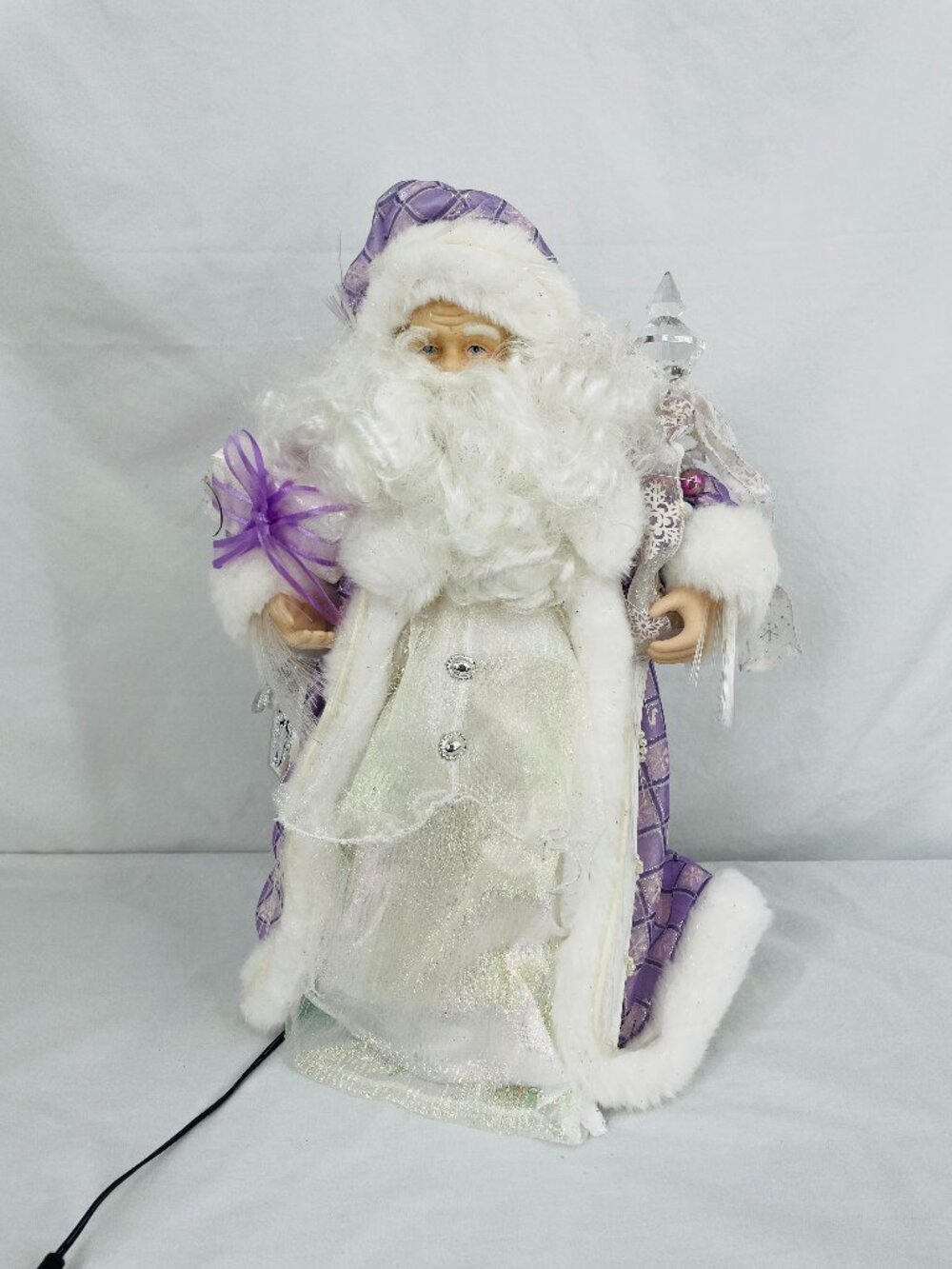 White Christmas Figurine with Purple Bow and Lights